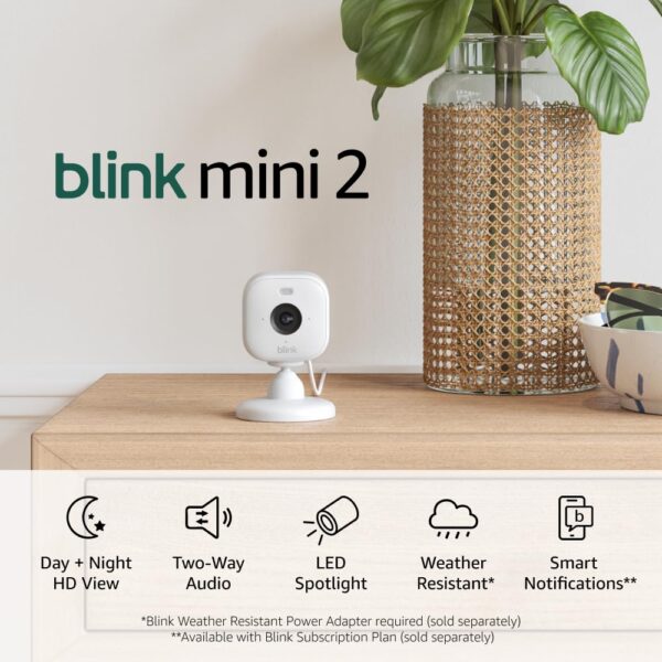Blink Mini 2 (Newest Model) u2014 Home Security & Pet Camera(s) with HD video, color night view, motion detection, two-way audio, and built-in spotlight u2014 1 camera (White)