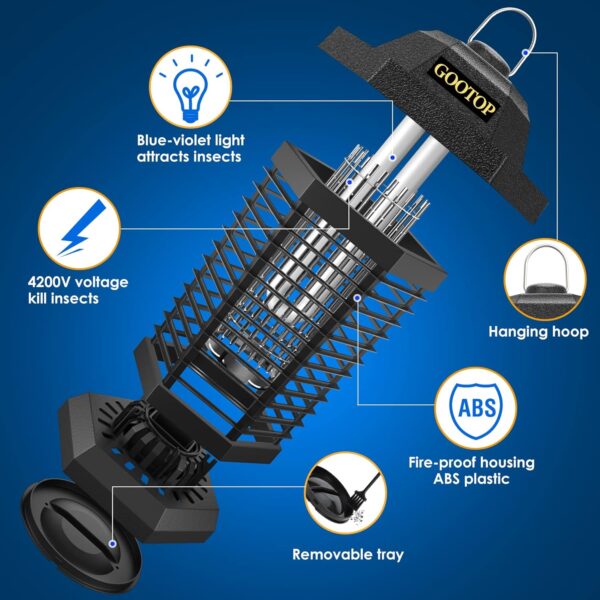 GOOTOP Bug Zapper Outdoor, Mosquito Zapper, Electric Fly Zapper, Mosquito Killer, Fly Traps, 3 Prong Plug, Flying Insects Zapper Indoor Outdoor 90-130V, 4200V, ABS Plastic Outer (Black) - Image 5