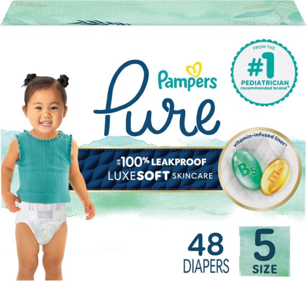 Pampers Pure Protection Baby Diapers, Size 5 (27+ lbs), 132 Count, Up to 100% Leakproof, Premium Plant-based Skin Protection, Hypoallergenic Soft Diapers - Image 20