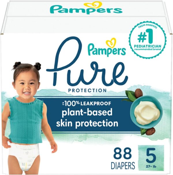 Pampers Pure Protection Baby Diapers, Size 5 (27+ lbs), 132 Count, Up to 100% Leakproof, Premium Plant-based Skin Protection, Hypoallergenic Soft Diapers - Image 17
