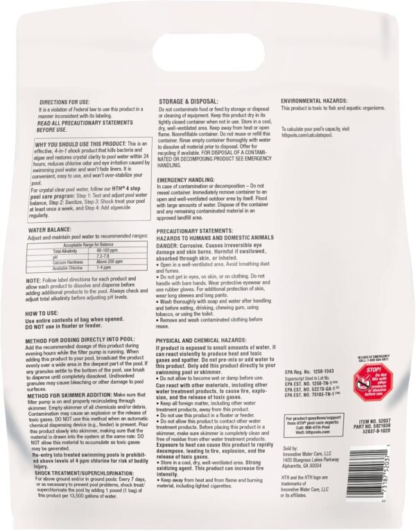 HTH 52037R Pool Care Shock Advanced, Swimming Pool Chemical - Cal Hypo Formula, Prevents Bacteria & Algae, Restores Crystal Clear Water - Shock Treatment, 1lb (12 Pack) - Image 2