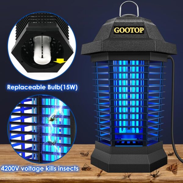 GOOTOP Bug Zapper Outdoor, Mosquito Zapper, Electric Fly Zapper, Mosquito Killer, Fly Traps, 3 Prong Plug, Flying Insects Zapper Indoor Outdoor 90-130V, 4200V, ABS Plastic Outer (Black) - Image 4