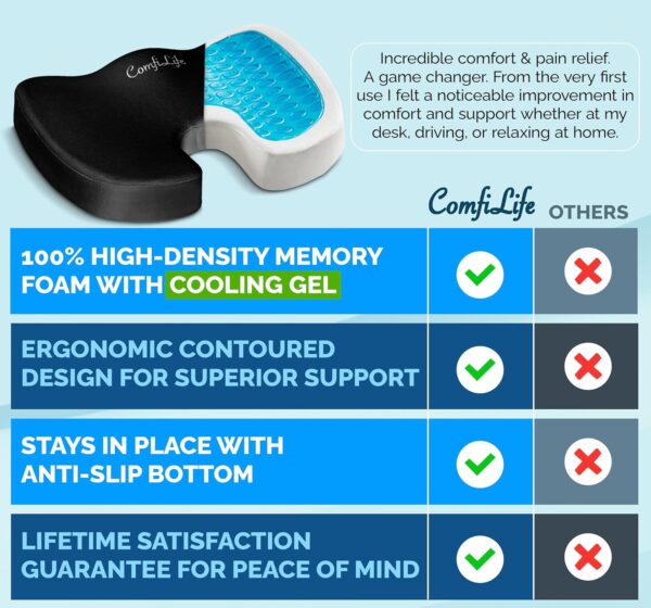 ComfiLife Premium Gel & Memory Foam Seat Cushion u2013 Doctor Recommended Office Chair Cushion, Car Seat Cushion u2013 Chair Cushions for Back & Sciatica Pain Relief u2013 Seat Cushions for Office & Desk (Black) - Image 8