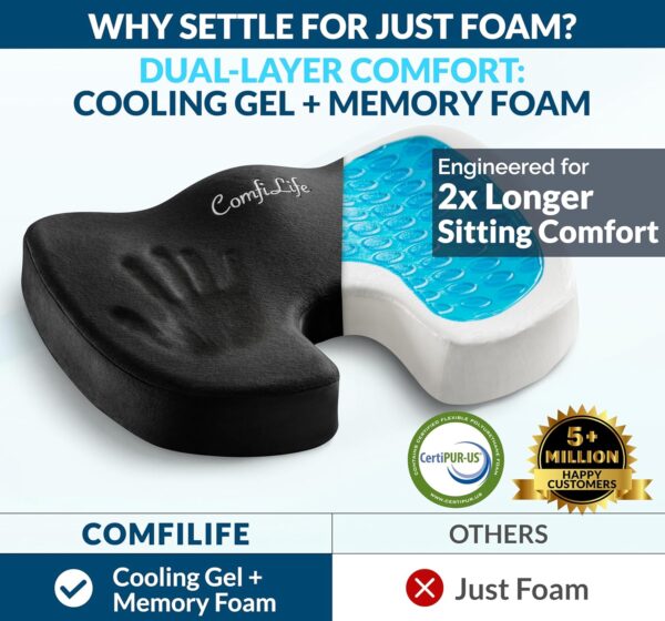 ComfiLife Premium Gel & Memory Foam Seat Cushion u2013 Doctor Recommended Office Chair Cushion, Car Seat Cushion u2013 Chair Cushions for Back & Sciatica Pain Relief u2013 Seat Cushions for Office & Desk (Black) - Image 2